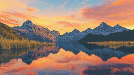 Fototapeta premium A serene landscape showcasing majestic mountains reflected in a calm lake at sunset. The sky is filled with vibrant hues of orange, pink, and purple, creating a dramatic backdrop against the rugged mo