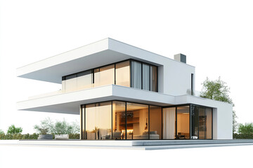 Fototapeta premium Modern house with large windows and minimalist design on white background