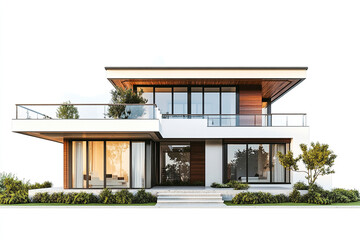 Modern house with large windows and greenery on white background
