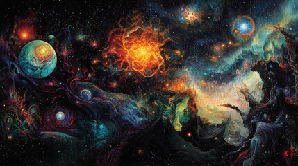 A mesmerizing cosmic landscape featuring swirling galaxies, vibrant nebulae, and colorful planets. The scene is filled with intricate details of the universe, showcasing a blend of fiery orange stars 