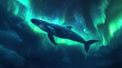 Obraz premium A majestic whale gliding through a surreal cosmic landscape illuminated by vibrant northern lights. The whale is depicted in great detail against a dark starry background, creating a sense of wonder a