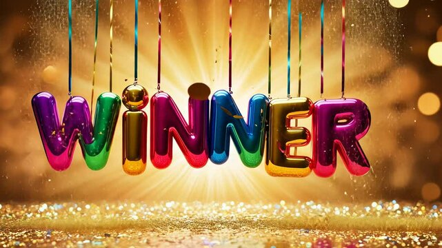 Rainbow Color big volume letters Winner floating over festive blurred bokeh golden background. Concept for success with shiny air balloons