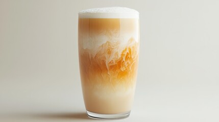 Layered latte art swirls in a tall glass, resting on a clean white surface. Soft light creates a calming, minimalist vibe