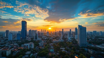 Fototapeta premium Stunning sunset over urban cityscape metropolitan area landscape photography evening atmosphere aerial view city life