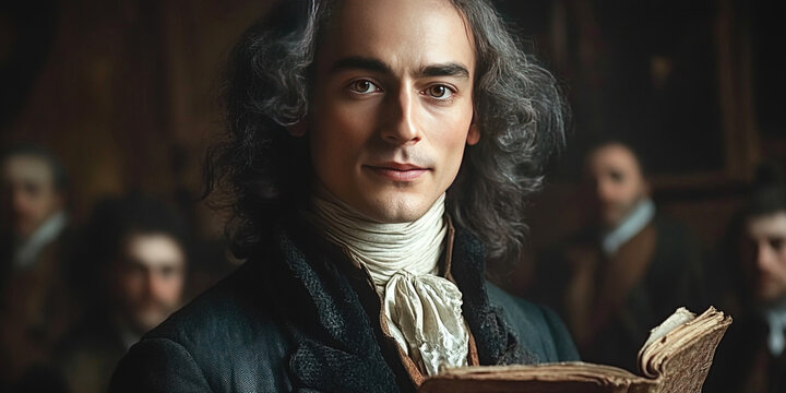 Young Voltaire reciting a poem to an engaged audience in a modern film setting. Header banner mockup with copy space.