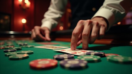 Fototapeta premium Poker Player Checking Cards on Table