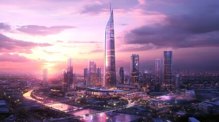 Obraz premium Majestic skyscraper sunset urban cityscape digital art vibrant environment aerial view modern architecture