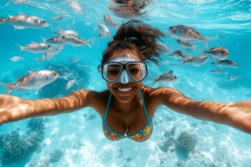 Fototapeta premium A attractive and sexy happy black young woman with black hair in a swimming mask and fins snorkeling among the corals. Woman underwater with fish. Bright commercial style image.