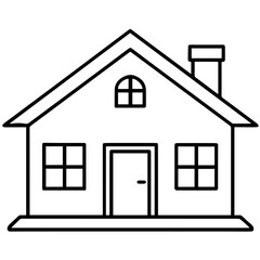 House with a gabled roof, square windows on either side of the door, and an arched window above, with a chimney visible on the roof. Family Residence and Cozy Home