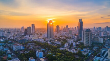Fototapeta premium Sunset view over city skyline urban landscape aerial photography modern architecture vibrant colors serene atmosphere