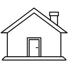 Simple house with a triangular roof, a door in the center, and a chimney on the right side, a single cottage or country home. Cozy Cottage.