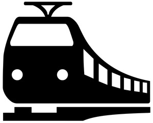 Passenger train moving along the rails with visible front locomotive, two round headlights, several cars, public transport for people, luggage across distances. Locomotive, Railway Transportation 