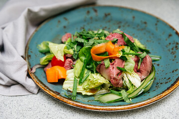 Fresh beef salad with greens and vegetables. Colorful salad with sliced beef, leafy greens, cucumber, carrot, and herbs served on a rustic plate for a healthy meal.