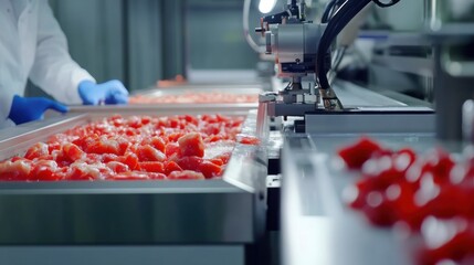 A mechatronics engineer developing robotic arms for automated quality control in food processing, food factory with robotic arms inspecting and sorting food products for quality, Food style