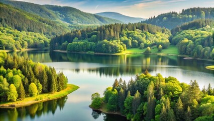Obraz premium Serene Landscape Featuring a Tranquil Lake Nestled Amidst Lush Green Foliage and Rolling Hills Under a Peaceful Sky