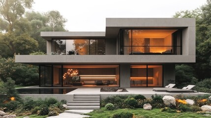 Modern luxury house with pool, patio, and lush landscaping.