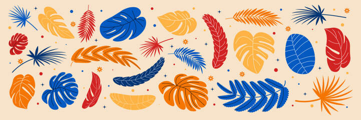 Obraz premium Set of tropical summer leaves. Monstera, palm and other botanical elements. Flat leaves of jungle. Vector illustration in trendy colors