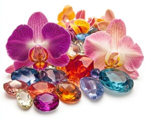 Colorful Gemstones and Orchid Flowers Arrangement on White Background Still Life