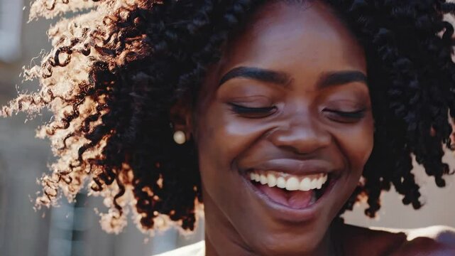 Joyful woman smiling and laughing in sunlight with natural curls