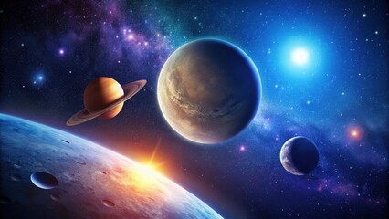 Fototapeta premium A Celestial Tapestry of Planets, Stars, and Nebulae in a Vast, Expansive Universe