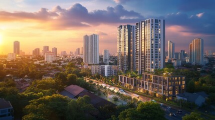 Fototapeta premium Sunset skyline transformation urban city landscape photography modern environment aerial view urban development concept