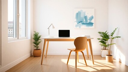 Contemporary desk setup with a high-performance laptop and neat stationery in a bright and inviting office environment