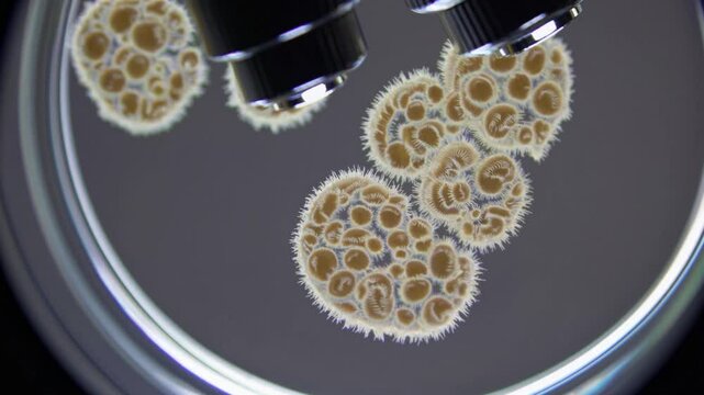 Timelapse of fungal growth under microscope: colonies expanding and developing in petri dish