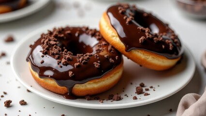 Two Chocolate Donuts On A White Plate
