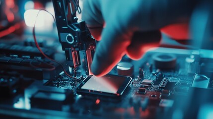 A robotics engineer designing robotic arms for automated electronics assembly, high-tech electronics factory with robotic arms assembling smartphones and circuit boards, Industrial style