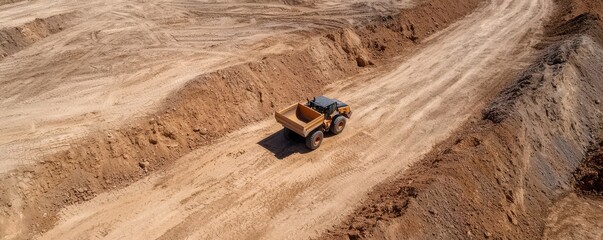 Aerial view of a dump truck transporting materials on a construction site.