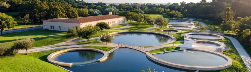 Fototapeta premium Aerial view of a modern water treatment facility surrounded by lush greenery.