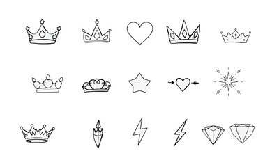 Elegant collection of crown and heart icons, featuring various designs including stars and diamonds, perfect for decorative purposes and graphic design projects