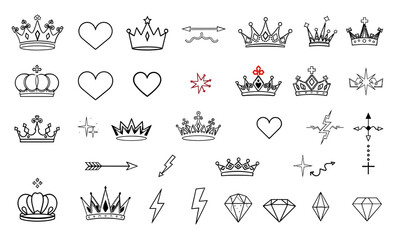 Elegant collection of crown and heart icons, featuring various designs and styles, perfect for decorative purposes, invitations, or graphic design projects. red star adds unique touch