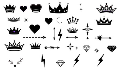 Stylish collection of decorative elements including crowns, hearts, stars, and diamonds, perfect for enhancing designs with playful and whimsical touch