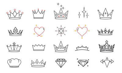 collection of various crown designs, including ornate, simple, and heart themed crowns, showcasing elegance and royalty. image evokes sense of regality and charm