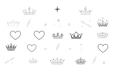 Elegant crown designs, hearts, and lightning symbols create striking pattern. This collection features various styles of crowns and hearts, perfect for adding royal touch to any project