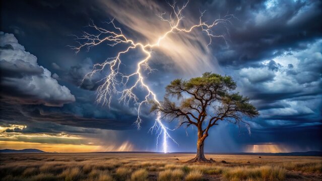 A lone tree stands resilient amidst a dramatic thunderstorm, a powerful lightning bolt striking the earth nearby.