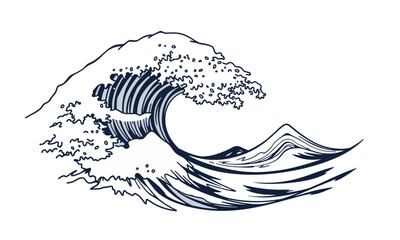 stylized wave illustration featuring intricate details and flowing lines, capturing essence of ocean movement and natural beauty. design evokes sense of tranquility and power