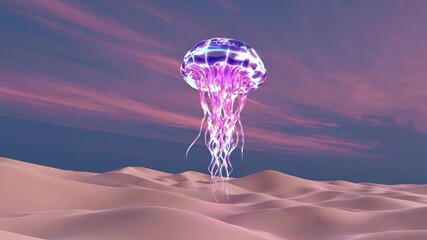 Luminescent jellyfish gliding gracefully over serene desert dunes at sunset - Powered by Adobe