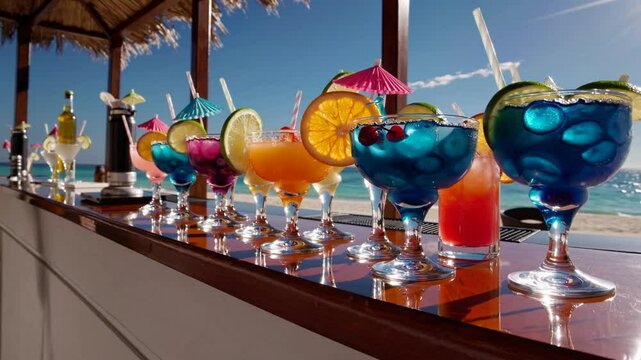 Vibrant tropical cocktails showcase on sunny beach bar with ocean views