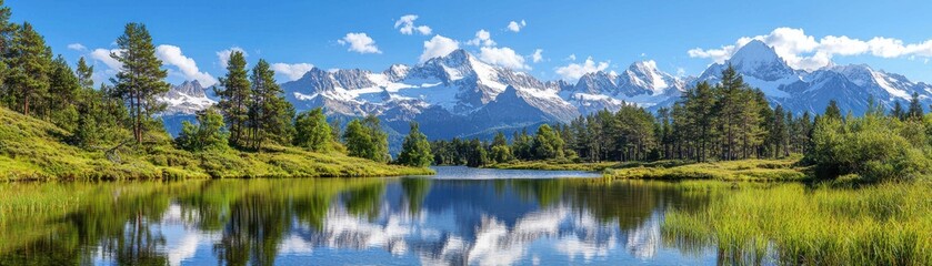 Fototapeta premium Breathtaking mountain landscape reflecting in a serene lake under a clear blue sky.