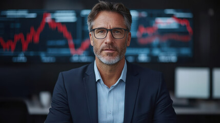 Professional man in suit with glasses, focused on financial data analysis in office setting