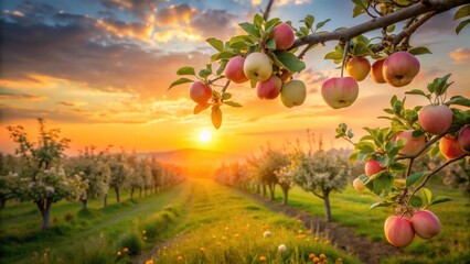 Golden Hour Abundance Ripe Apples Glowing on Branches at Sunset in an Orchard