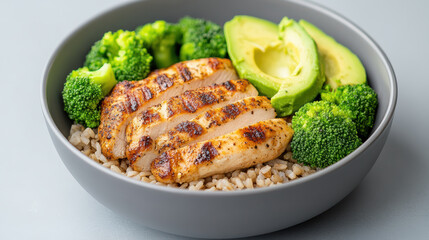 Healthy meal with grilled chicken, brown rice, broccoli, and avocado