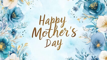 Fototapeta premium Elegant Happy Mother’s Day greeting with gold foil script on a watercolor blue floral background.