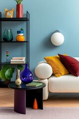 Stylish interior of colorful living room with design white sofa, black shelf with vases, book and personal accessories. Modern home decor. Template.