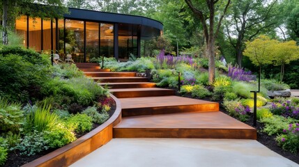 Corten steel stairs leading to modern house with beautiful garden