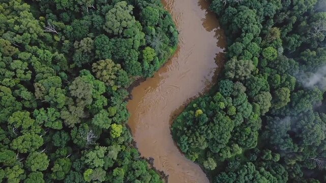Aerial journey over meandering river amidst lush rainforest canopy