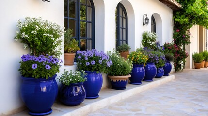 Naklejka premium Colorful flowers growing in blue ceramic pots decorating a white mediterranean house
