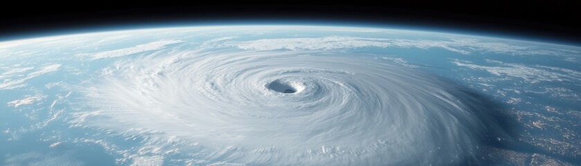 Obraz premium A swirling cyclone over the ocean, showcasing vivid cloud patterns against the blue earth from a high altitude perspective.